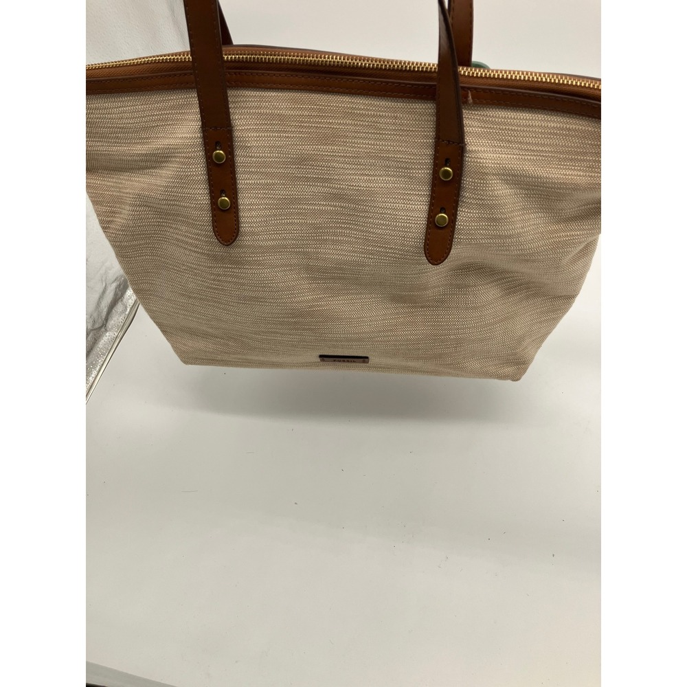Fossil Rachel Tote Bag Beige Woven Canvas Brown Leather Trim Large Shoulder Bag